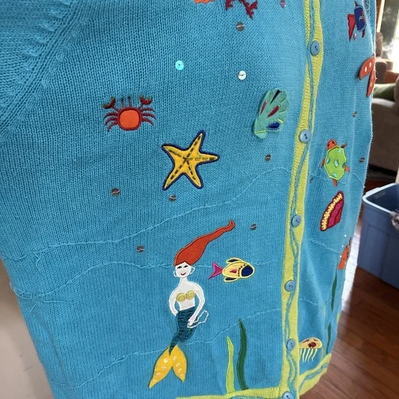 Quacker Factory Women's 3X  Blue Green Mermaids Embroidered Cardigan Sweater GUC - Picture 2 of 7